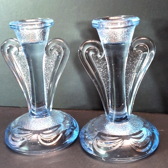 Vintage Pair of Bagley Rutland Blue Glass Candlesticks - Picture 1 of 7